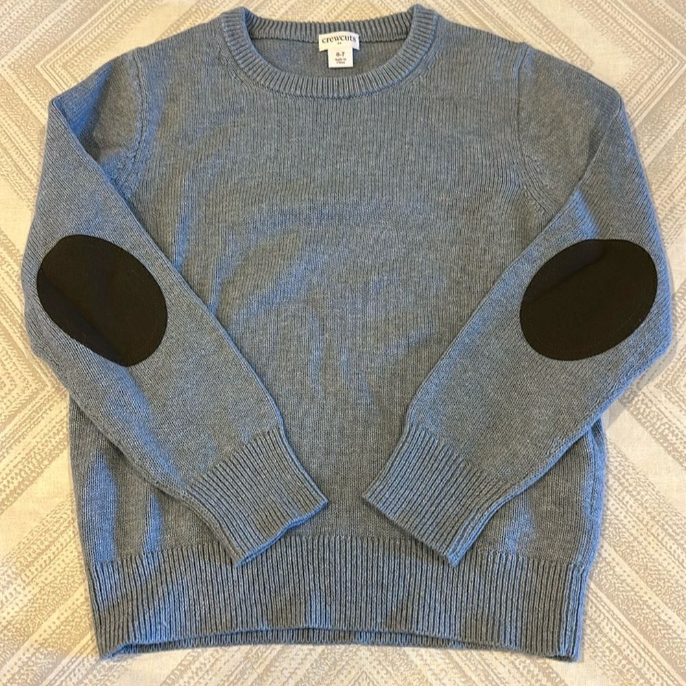 Crewcuts Boys Grey Crewneck Sweater with Faux Suede Elbow Patches - Size 6/7